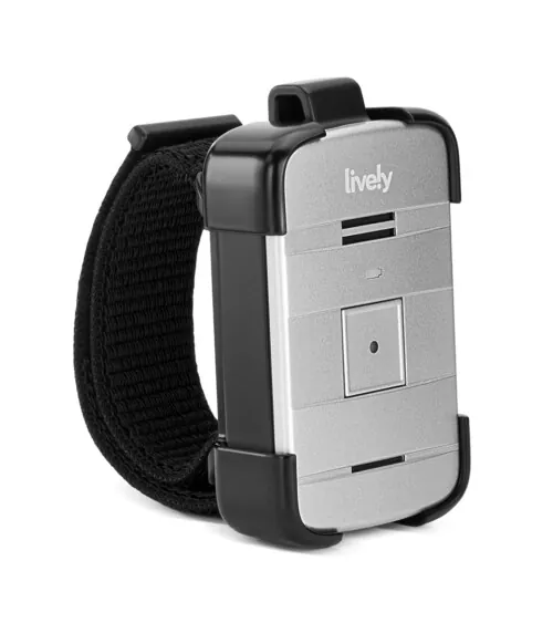 Product photography of a silver and black medical alert device on an adjustable wrist strap