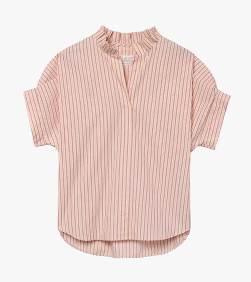 Flat lay photography of a striped women's short-sleeve blouse photographed for online retail apparel photography.