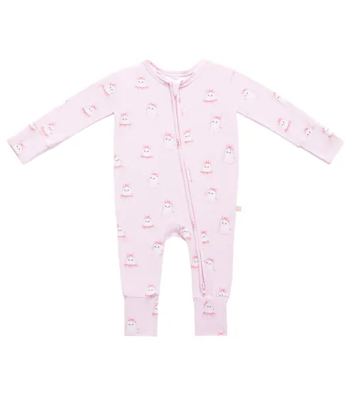 Flat lay photography of a pale pink baby romper with ghost print