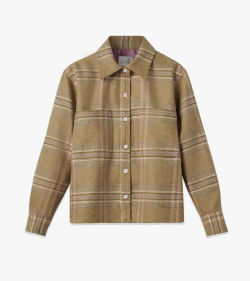 Flat lay photography of a plaid women's button-down shirt photographed for fashion product photography.