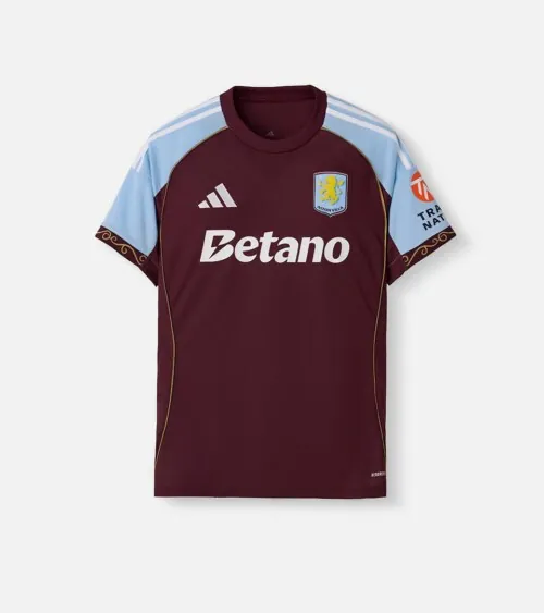 Flat lay photography of a maroon soccer jersey with light blue sleeves for online apparel product photography.