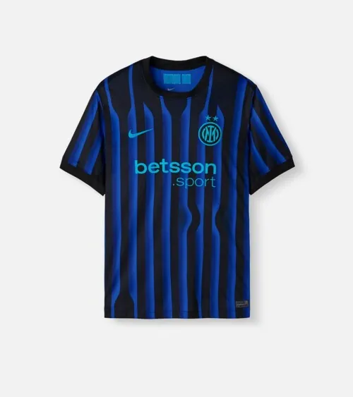 Flat lay photography of a black and blue striped soccer jersey for e-commerce clothing photography.