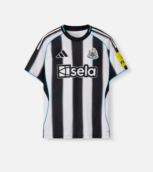 Flat lay photography of a black and white striped soccer jersey on a white background.