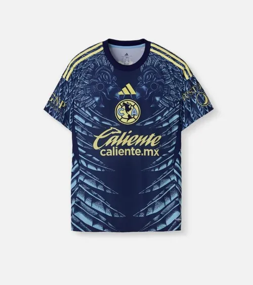 Flat lay photography of a navy blue patterned soccer jersey photographed for online retail apparel photography.
