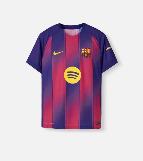 Flat lay photography of a purple and red striped soccer jersey photographed for apparel e-commerce.