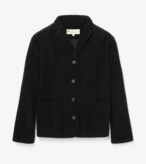 Flat lay photography of a black corduroy button-front jacket