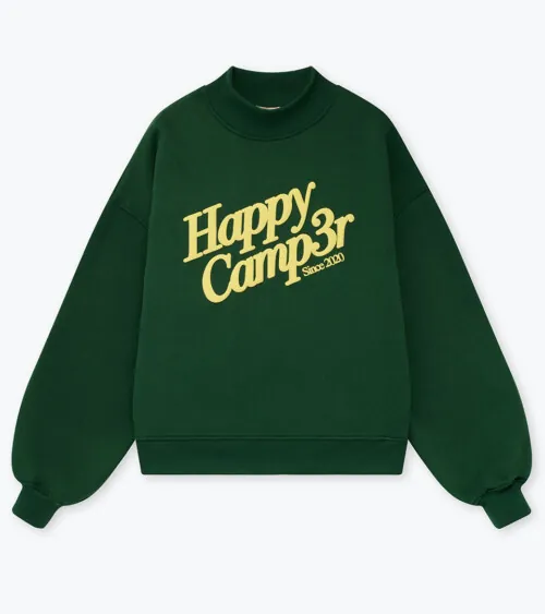 Flat lay photography of a dark green graphic sweatshirt on a clean white background.