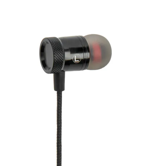 Black in-ear earphone with red accent and braided cable, close-up product photography