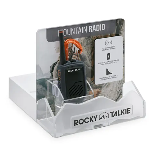 Navy two-way radio shown on a clear acrylic retail display stand on white background, packaging product photography