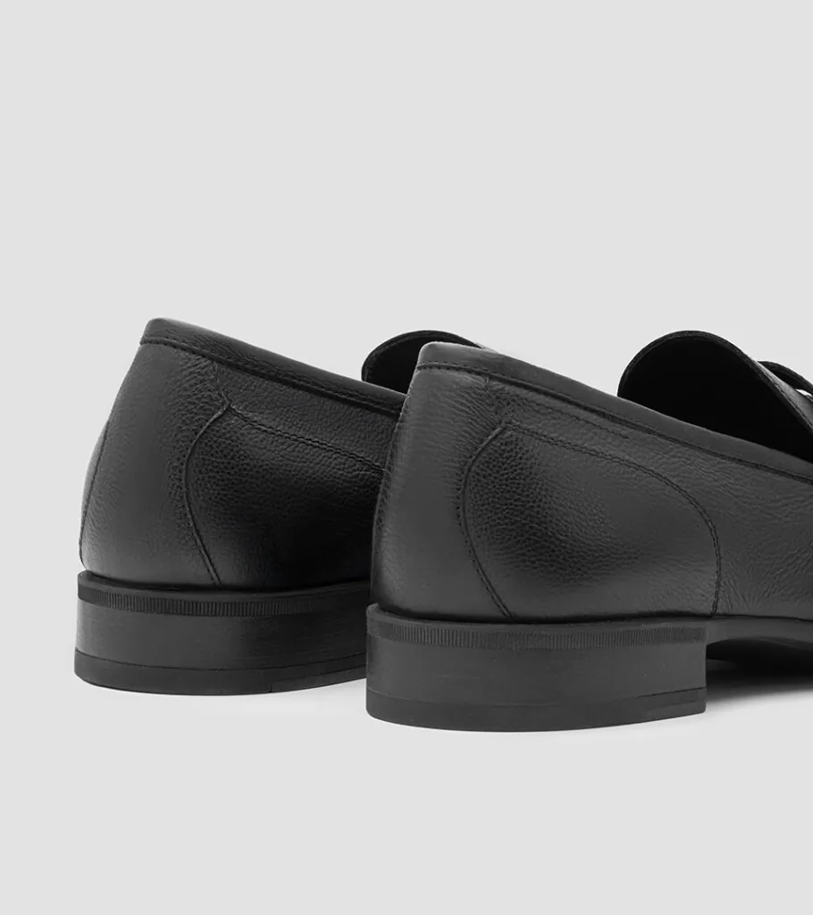 Shoe product photography of a pair of black leather loafers viewed from behind showing heel counters and stacked soles
