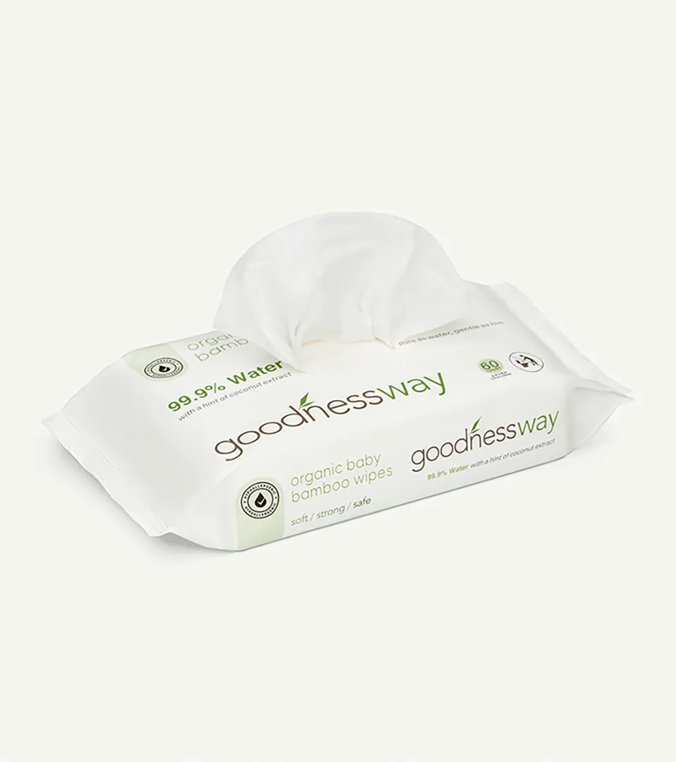 single pack of organic baby bamboo wipes on light grey background for product photography