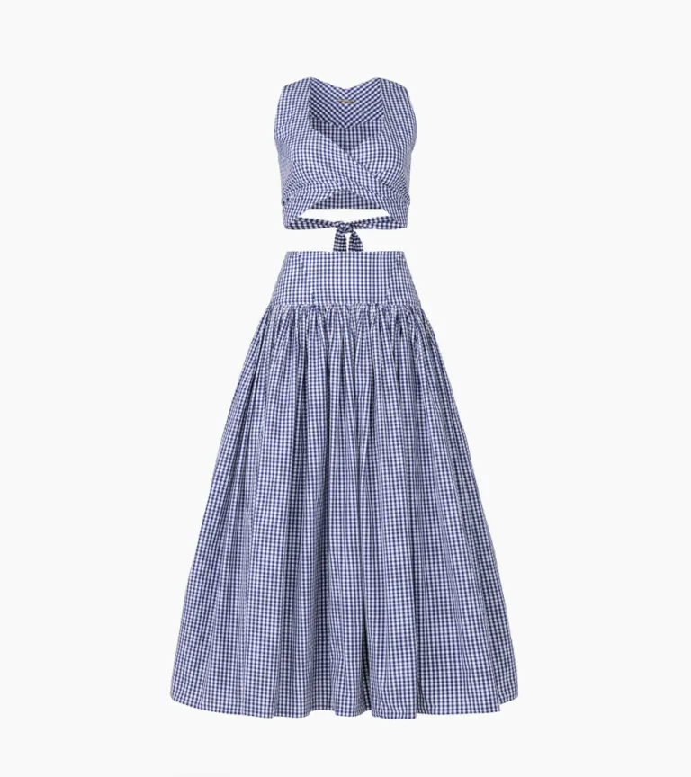 ghost mannequin blue gingham crop top and full skirt set on white background for apparel product photography