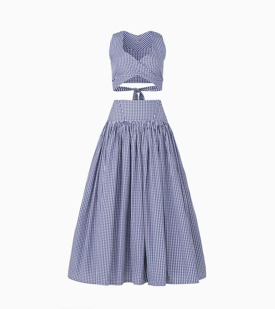 ghost mannequin blue gingham crop top and full skirt set on white background for apparel product photography