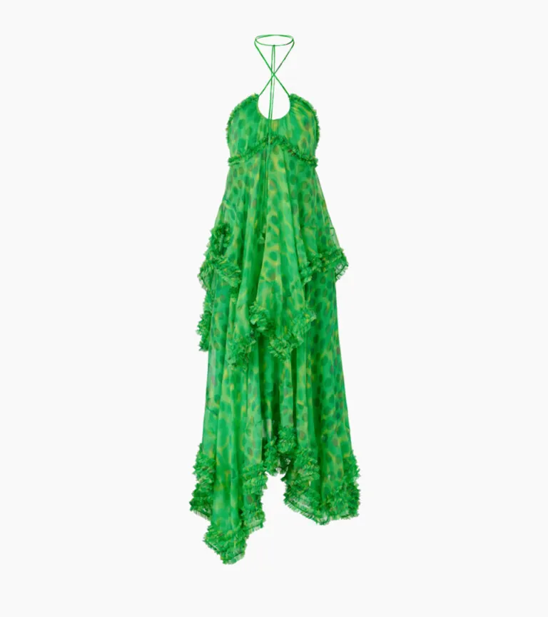 ghost mannequin green polka-dot ruffled halter dress on white background for ghost mannequin photography