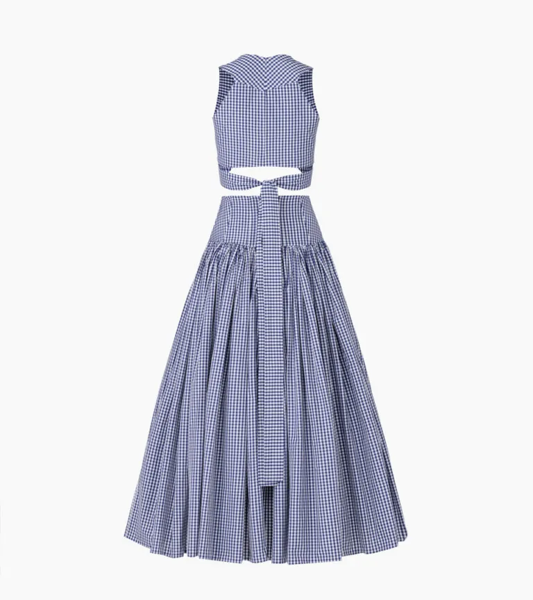 ghost mannequin back view of blue gingham crop top and full midi skirt two-piece on white background