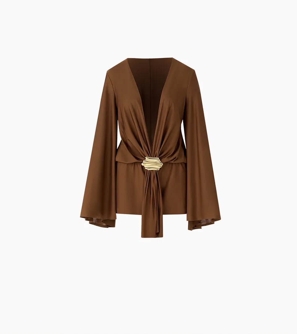 ghost mannequin brown wide-sleeve blouse with gold clasp on white background for ghost mannequin photography