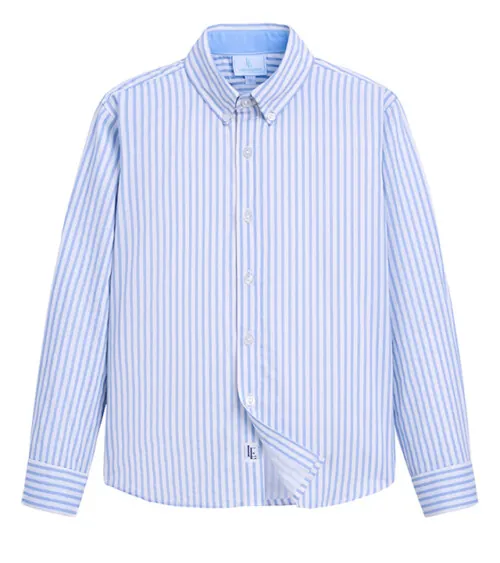 flat lay photography of a blue striped boys dress shirt