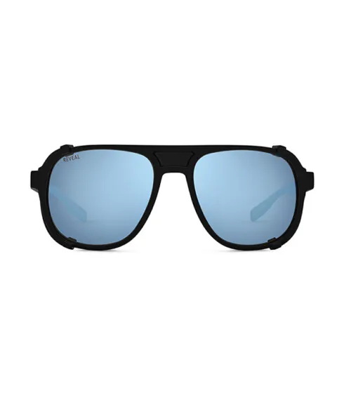 Front view of black glacier sunglasses with mirrored lenses ecommerce photography