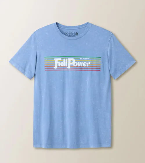 Flat lay photography of a blue graphic T-shirt with retro rainbow-stripe print