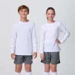 Two youth models in matching white Puma long sleeve tops and grey shorts