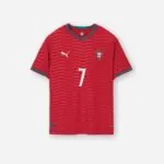 Portugal Ronaldo Puma soccer jersey flat lay photography, front view