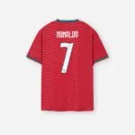 Portugal Ronaldo Puma soccer jersey flat lay photography, back view with name and number